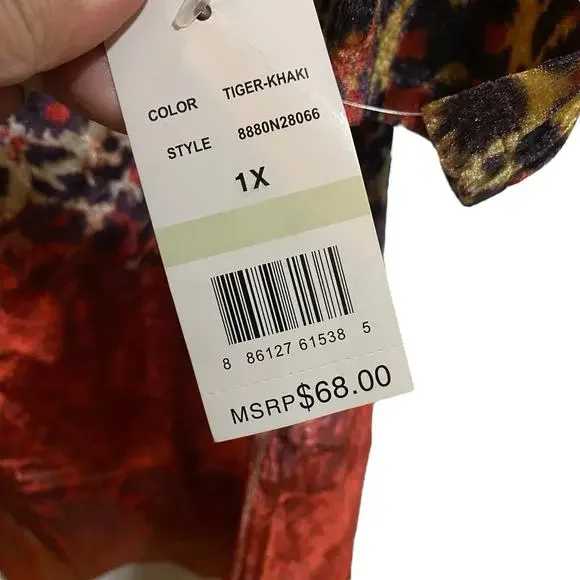 One World NEW $68 Top Woman 1X Boho Hippie Velvet Whimsigoth Tiger Khaki Blouse - Picture 4 of 7